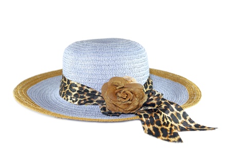Blue sunhat with riboon isolated on white backgroundの写真素材