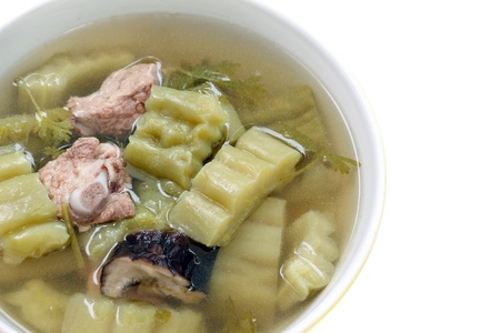 Close up bitter cucumber soup with pork rib in a bowlの写真素材