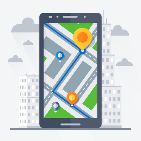Phone with mobile gps navigation. City on the background. Flat vector illustration.のイラスト素材