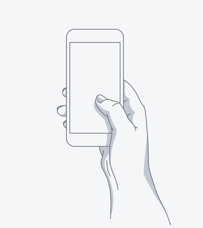 Hand holds the phone. Line art modern vector illustration. Template for your design.のイラスト素材
