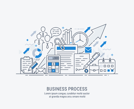 Flat line-art illustration of business process, market research, analysis, planning, business management, strategy, finance and investment, business success. Concept for web banners and printed materials.のイラスト素材