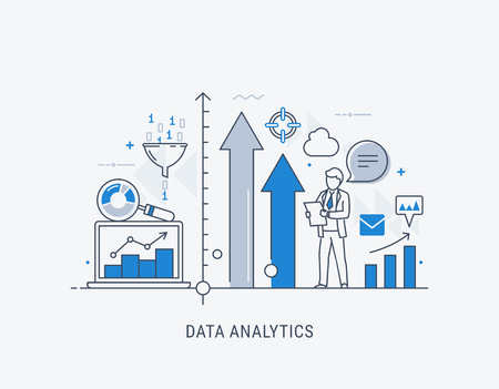 Modern thin line design for data analytics website banner. Vector illustration concept for business analysis, market research, product testing, data analysis.のイラスト素材