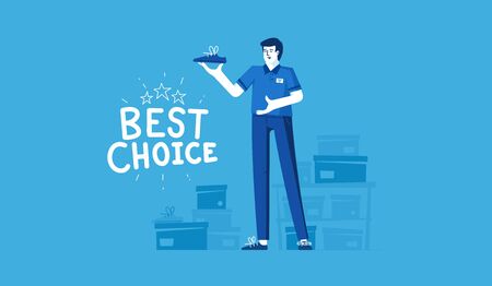 White male seller sells shoes. The inscription - the best choice. Vector flat modern illustration.のイラスト素材