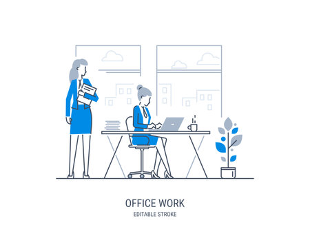 Office workers talking and working. Office life interior concept. Vector line-art graphic design.のイラスト素材