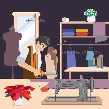 A tailor in sewing clothes, vector illustration. Cutter at work. Male seamstress tailors from fabricのイラスト素材