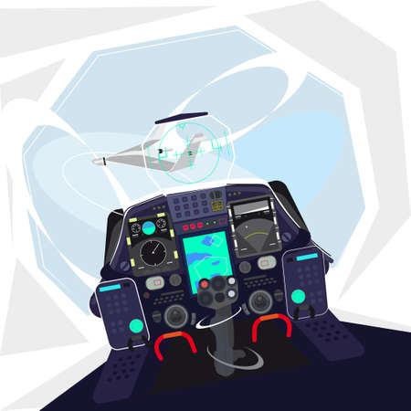 Interception of the drone illustration. The cockpit of a fighter inside. Pursuit of a military aircraftのイラスト素材