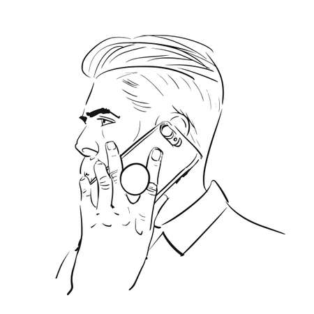 A fashionable man talks on a smartphone and holds it through a holder. Accessory holder for smartphone. Suction Cup ring on phone between fingers. Mobile ring sketch holder for your Pop socket in theのイラスト素材