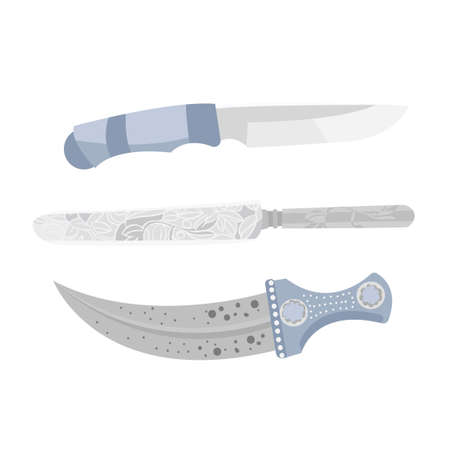 A set of kitchen knives and a decorative knife. Knife for meat and slicing food. Types of knives on a white background. Cold weapons setのイラスト素材