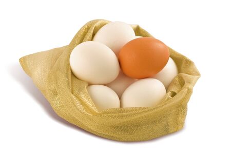 eggs in the gold bag, isolated on whiteの写真素材