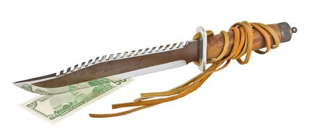 	hunting knife with teeth cut fifty dollars, and the waist on a white background