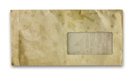 Vintage grungy old envelope. Dirt, folds and creases, Isolated on white.