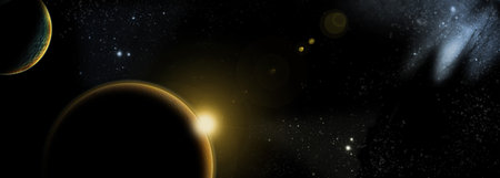 planet with sunrise on the background of stars and galaxies
