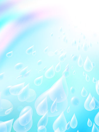 raindrops and rainbow against the sky with rays of light, abstract backgroundの写真素材