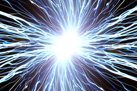 Blue lightning on black background. Computer generated 3D photo rendering.