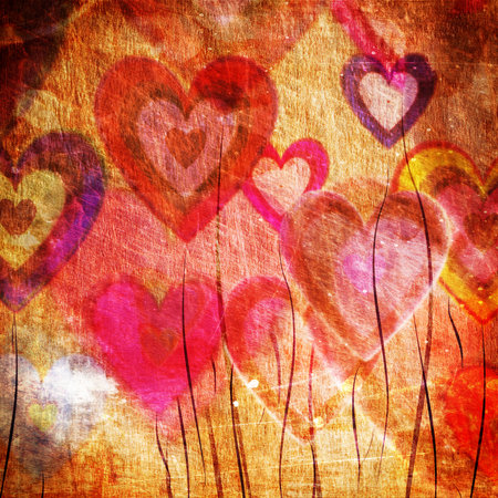 Valentine's day background with hearts on grunge paper textureの写真素材