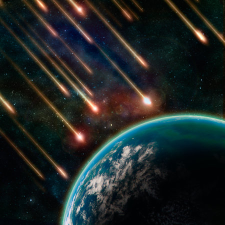Earth in space with a flying asteroids, abstract background