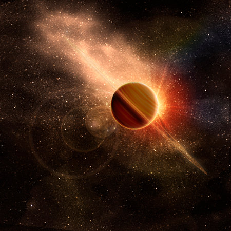 Solar system in space with stars and nebula.