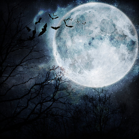 Halloween background with full moon and bats. Space for your textの写真素材