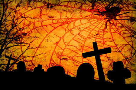 Grunge Halloween background with cross, spider, bats and cemeteryの写真素材