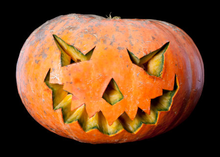 Halloween pumpkin isolated on black background with clipping path. Close up.の写真素材