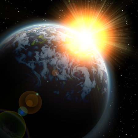 Earth planet with sun and lens flare. Elements of this image furnished by NASAの写真素材