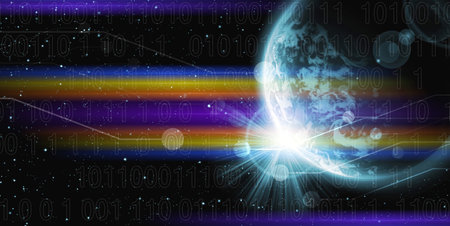 Digital composite of Digital composite image of earth and binary code against black backgroundの写真素材