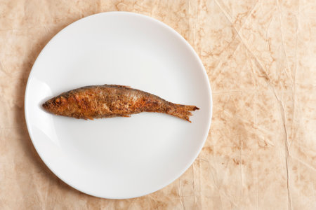 Fried fish on a white plate on a brown background, top viewの写真素材