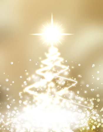 Abstract christmas tree with bokeh lights on a gold backgroundの写真素材