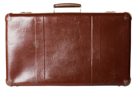Old brown leather suitcase isolated on white background. Clipping path included.の写真素材