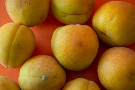 Apricot. Ripe organic apricots on an orange background. Ukraine july 2021