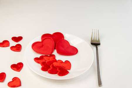 White background with red skrdechki, candles. Valentine's Day concept. Valentine's Day banner. Valentine's day background.の写真素材