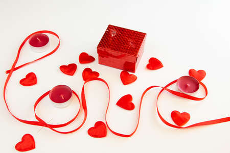 White background with red skrdechki, candles. Valentine's Day concept. Valentine's Day banner. Valentine's day background.の写真素材
