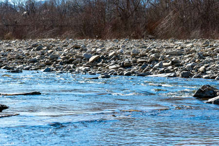 Mountain river in the mountains of Ukraine. Peremiyskaya river, Ivano-Frankivsk region. Spring 2022.の写真素材