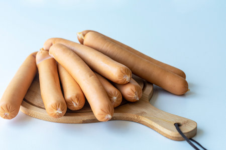 Fresh sausages on a white background. Classic boiled pork sausages on a cutting board.の写真素材