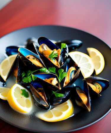 Mussels with lemon and parsley on a plate. Shallow dof.の素材