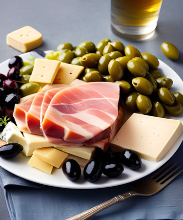 Antipasto plate with ham, cheese, olives and wineの素材