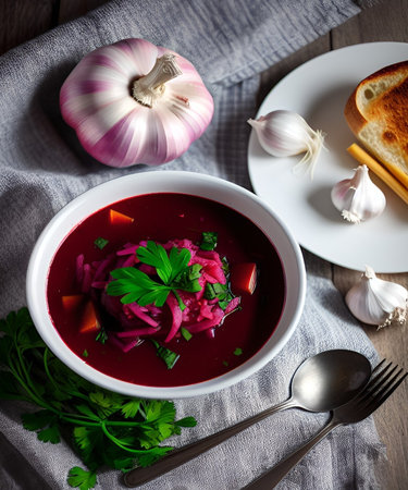 Borscht with beets, parsley and garlic on wooden backgroundの素材
