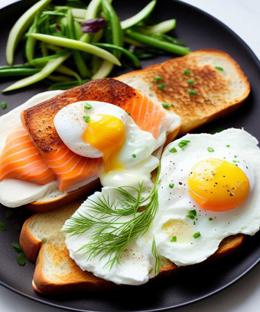 Fried eggs with salmon and green beans on a black plate.の素材