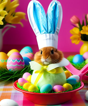 Easter bunny and easter eggs in basket on colorful backgroundの素材
