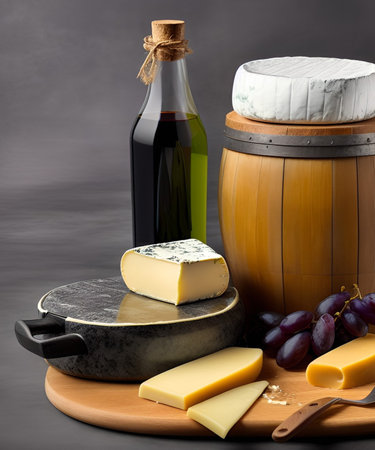Cheese collection, various types of cheese, grapes and wine on a dark backgroundの素材