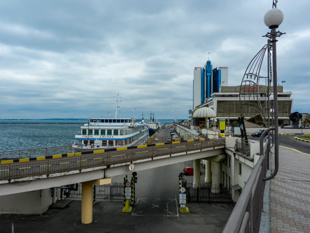 View of a ferry in the port of Odessa, Ukraine. For editorial use only. Selective focus. Odessa, 2015.の写真素材