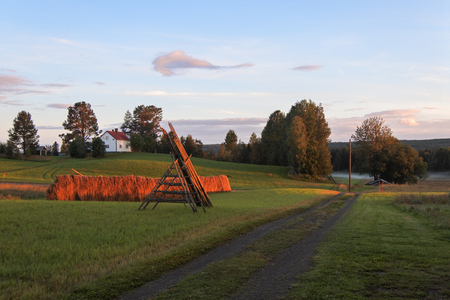 The last rays of the sun over the hay fence with hayの写真素材