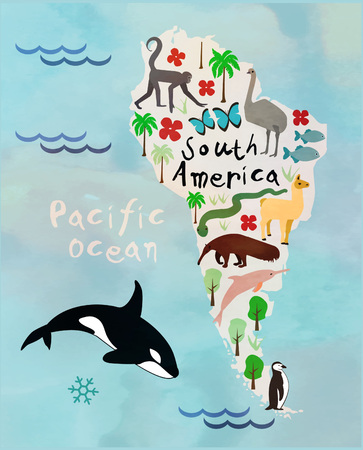 Animal cartoon map of South Americaのイラスト素材