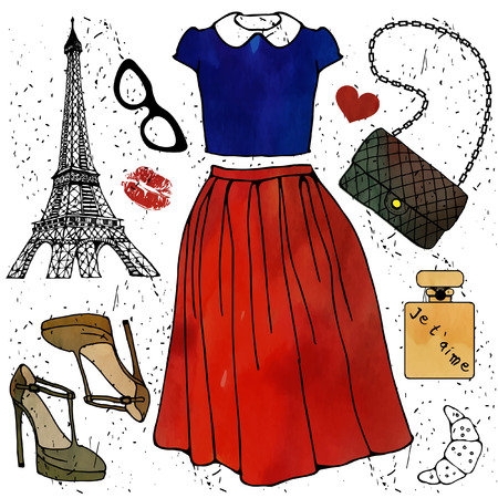 Fashion illustration. Paris style outfit.のイラスト素材