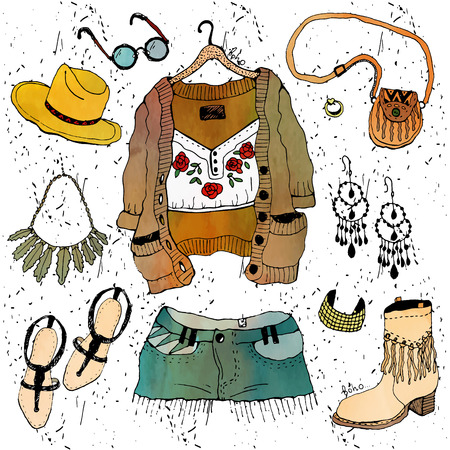 Fashion illustration clothing set. Boho chic styleのイラスト素材