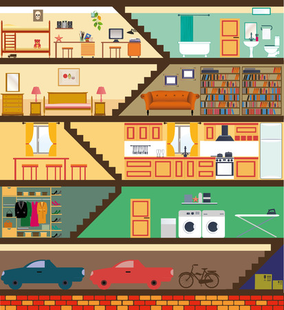 House cartoon interior. Cartoon living rooms with furniture.のイラスト素材