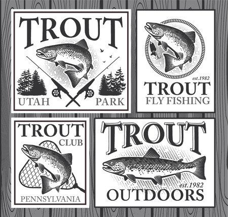 Vintage trout fishing emblems, labels and design elementsのイラスト素材