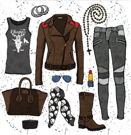 Fashion illustration clothing set. Biker style outfit.のイラスト素材