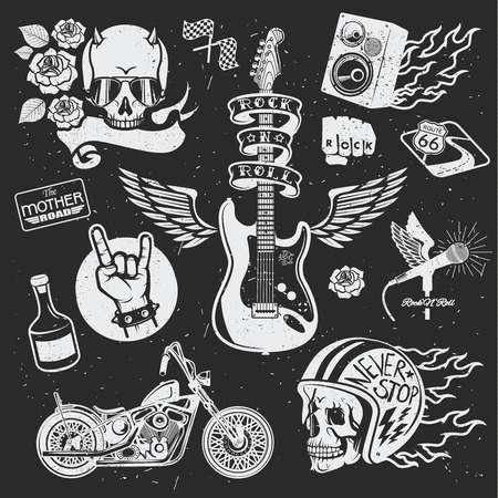 Rock themed badges. Vector set. Set of vector symbols related to rock and roll.のイラスト素材