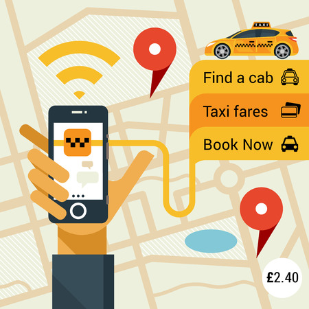 Male hand holding phone with taxi hire service application runningのイラスト素材